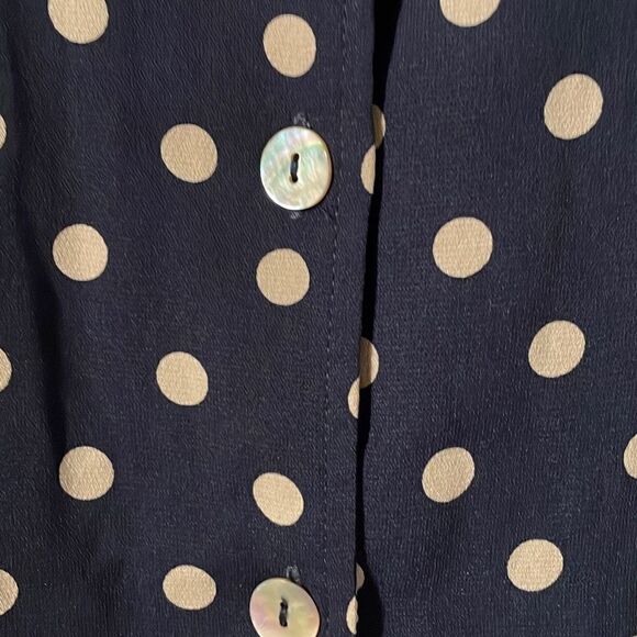 Susan Graver navy w polka dots button up gentle ruffle collar blouse M - Picture 6 of 9